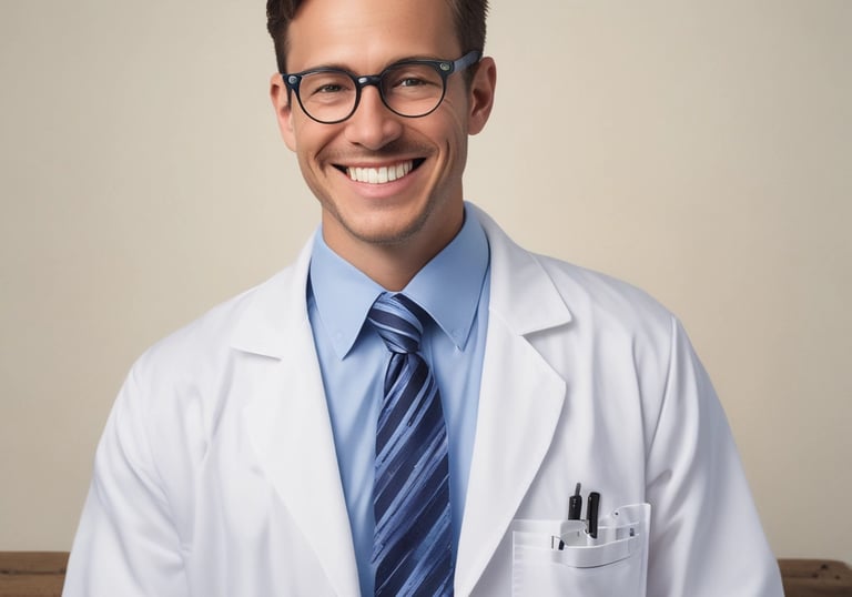 A smiling male doctor wearing glasses, a white lab coat, and a blue striped tie.