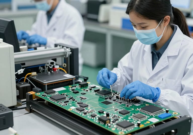 Engineers collaborating over circuit board designs in a modern workspace.
