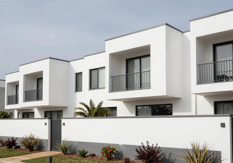 An architectural photography shot of a contemporary residential complex in South Africa, featuring clean white walls and professional landscaping.