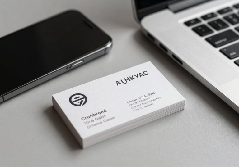 A focused shot of high-quality business cards with a minimalist design sitting next to a modern smartphone and laptop in a professional workspace.