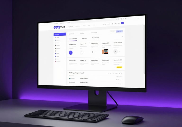 Wide angle shot of a clean, modern workstation. A large monitor shows a complex website layout. The room is dark with subtle electric purple LED strips.