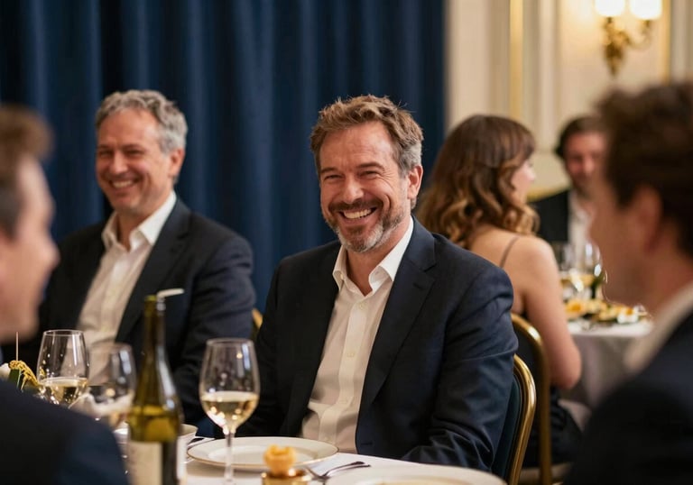 A candid photography shot of guests laughing at a celebratory event, with warm lighting and a sophisticated navy blue and gold backdrop.