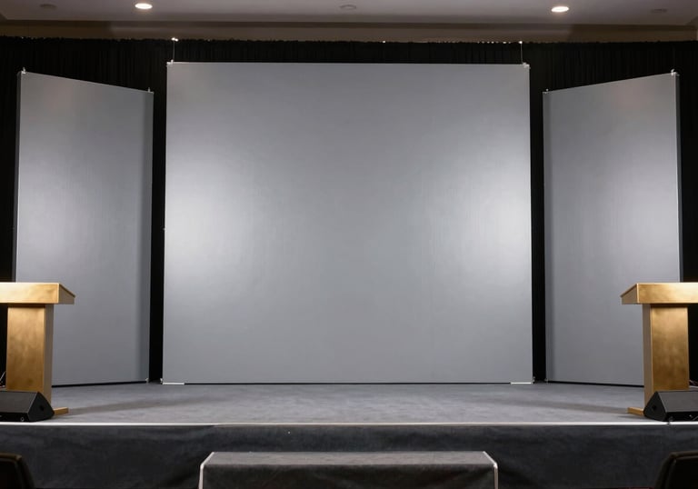 A high-end photography shot of a corporate stage setup in Jharkhand, featuring professional lighting, sleek silver-gray backdrops, and muted gold podium accents.