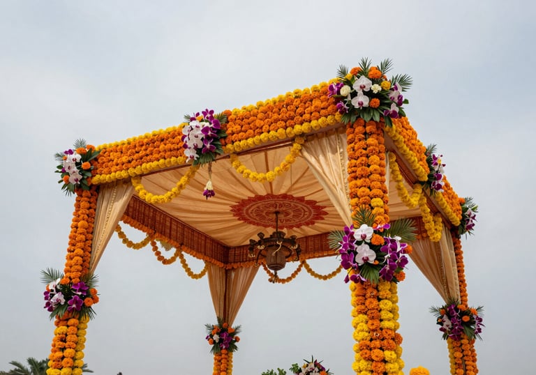 A vibrant photograph of a South Asian wedding mandap, exquisitely decorated with marigolds and orchids, set against a soft silver-gray sky in Jharkhand.