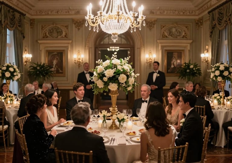 A beautifully decorated wedding venue with floral arrangements and soft lighting.