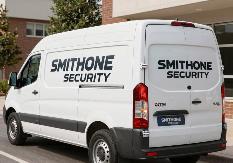 A Smithone Intelligence Ltd cash carrying van with clear branding parked outside a Nigerian business.