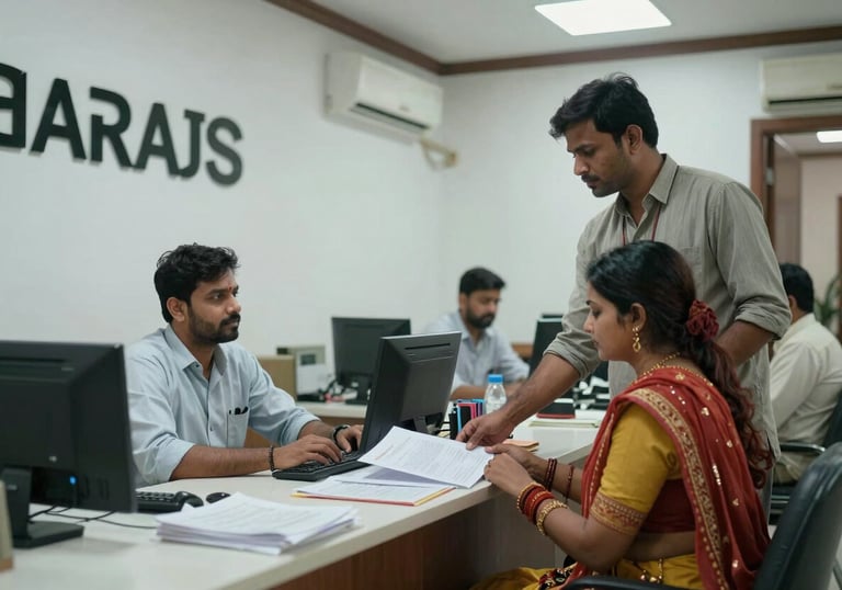 A clean, professional bank office interior in Varanasi with South Asian / Indian staff assisting a rural couple, photography.