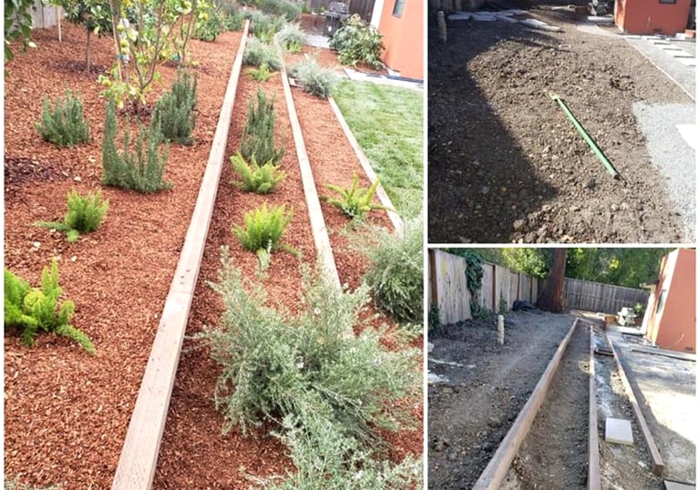 Before and after backyard landscaping showing wood retaining walls and fresh mulch, highlighting pro