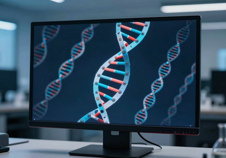 A minimalist, high-contrast photograph of a DNA sequence displayed on a sleek digital monitor in a North American biotech office, with dark blue and light blue ambient lighting.