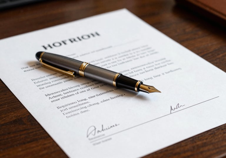 A close-up shot of an elegant fountain pen resting on a signed contract on a dark wood desk. The scene is well-lit and professional, emphasizing integrity and the building of long-term relationships in a North American business context.