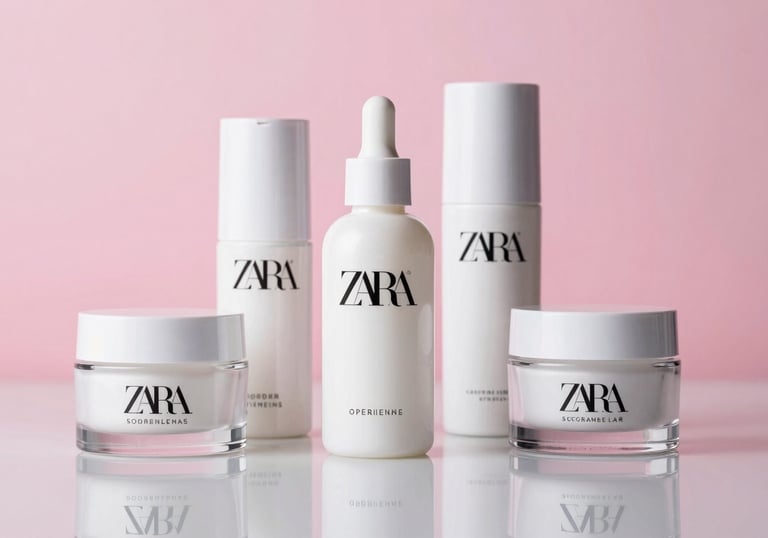 Modern skincare serums and creams in minimalist white and transparent glass bottles, reflecting a clean Zara Beauty aesthetic. Placed on a reflective surface with soft pink ambient lighting, evoking a sense of purity and premium quality.