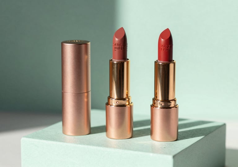 Three elegant lipsticks in matte and glossy finishes, displayed on a clean mint green pedestal. The photography is sharp, professional, and uses soft, natural lighting, highlighting the luxurious rose-gold packaging.