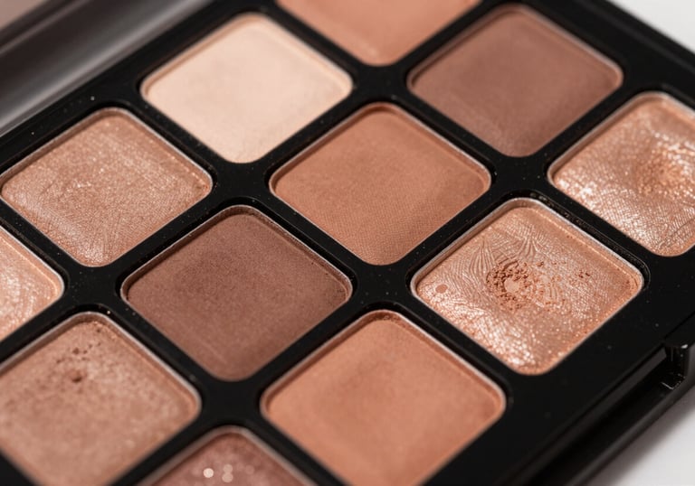 A close-up of a professional eye shadow palette with a mix of matte and shimmer shades in warm, earthy tones. The palette is open, showing fine powder texture, captured in a high-fashion, clean photography style.