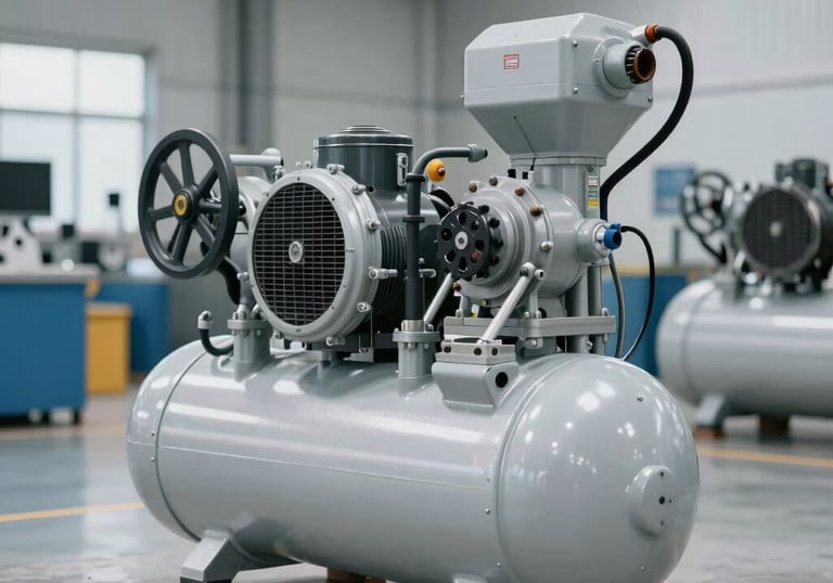 A clean, modern industrial air compressor system in a manufacturing plant. The unit is bright and compact, showing efficient design in a North American setting.