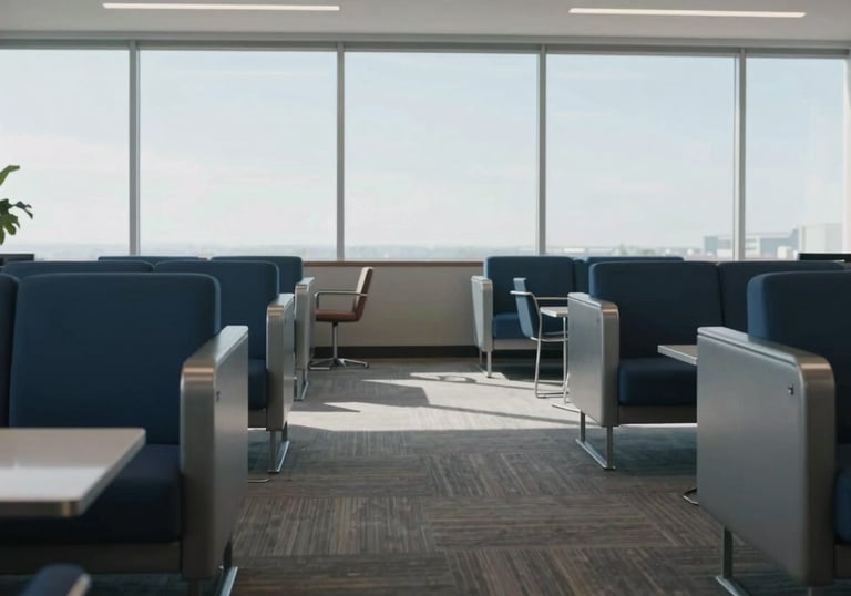 A professional North American business lounge with a clean, open layout. Large windows reveal a bright sky, and the furniture is modern and minimalist in tones of steel gray and deep blue.
