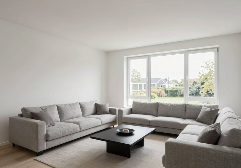 Interior photography of a modern, fully finished living room in Utrecht. Perfectly smooth walls and ceilings, minimalist furniture, large windows, bright and airy.