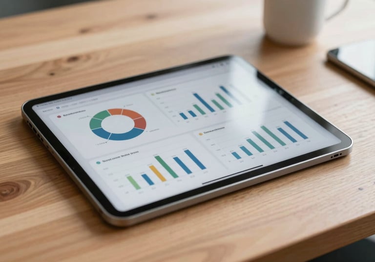 A close-up shot of a modern tablet displaying data analytics charts on a clean wooden desk. Professional South American / Brazilian setting with soft morning light.