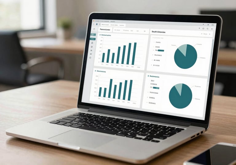 A modern laptop on a desk in a South American / Brazilian office showing a clean financial dashboard with professional charts in muted sage and dark teal.