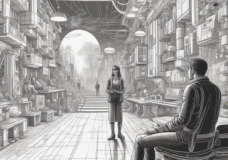 Abstract visualization of interconnected AI narratives flowing through a minimalist interface.