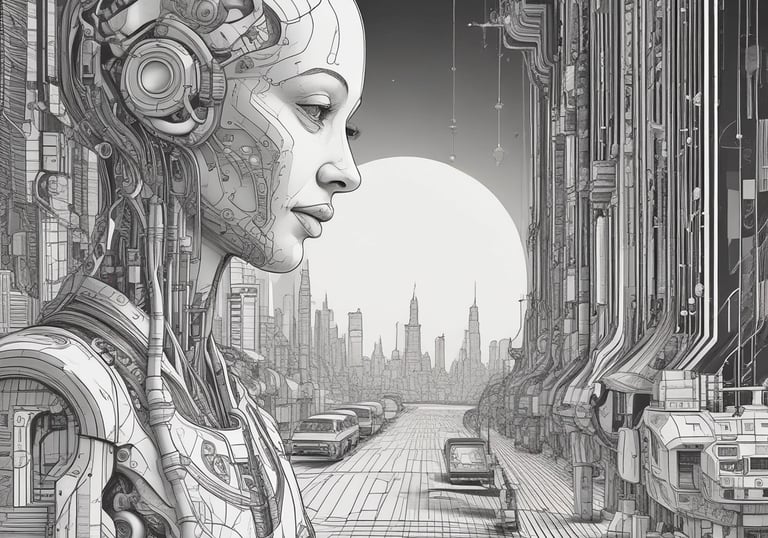 A serene, dark-toned digital landscape representing an AI-driven immersive world.