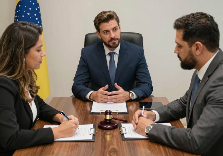 A courtroom scene with a lawyer presenting a family law case.