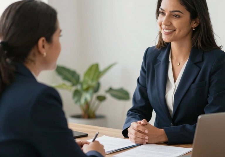 A calm meeting between a lawyer and clients discussing family agreements.