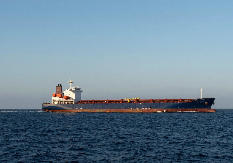 A wide-angle shot of a cargo freighter ship leaving the harbor into the deep navy open sea under a clear sky blue morning sky.