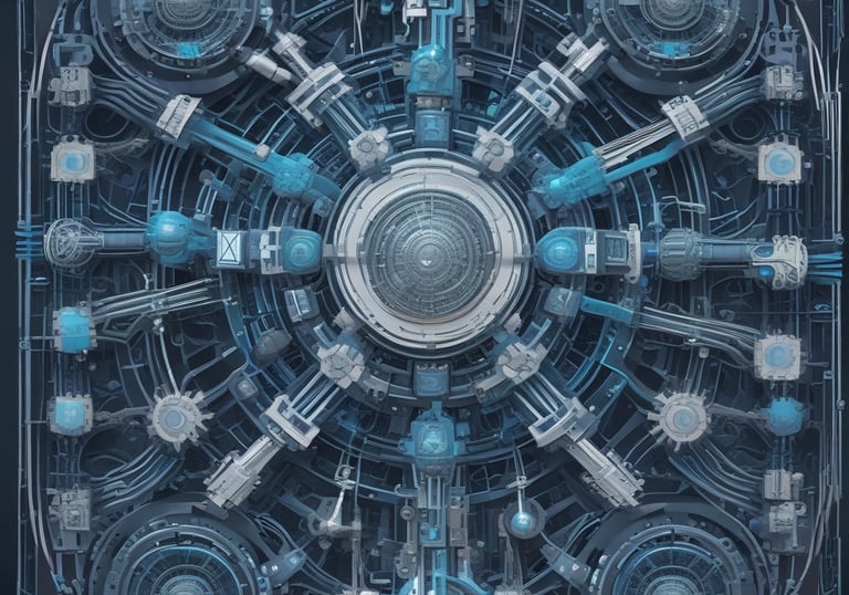 Futuristic geometric shapes interlaced with data flow lines in a tech-luxe palette.