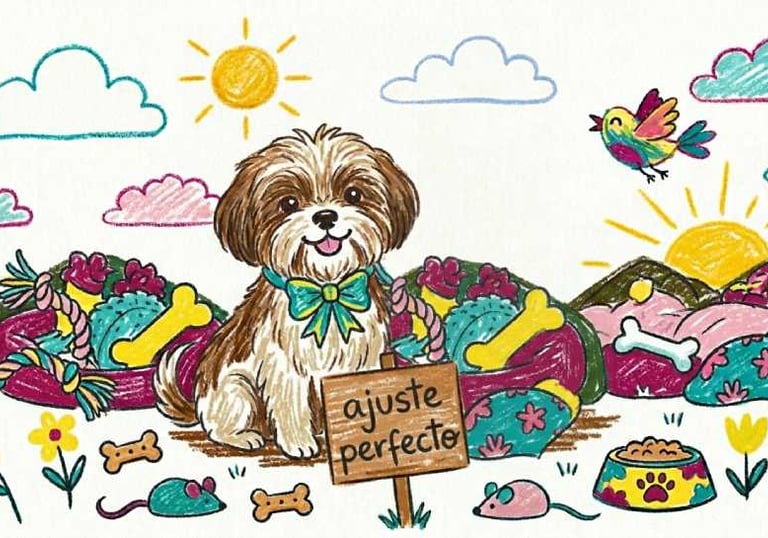 Dibujo a lápiz de un perro Shih Tzu con juguetes, huesos y un cartel que dice "ajuste perfecto".