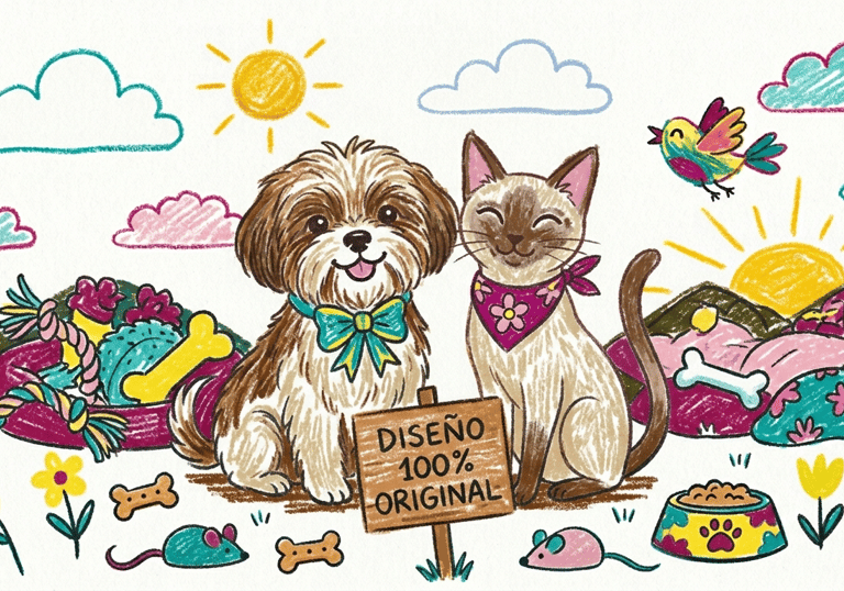 Dibujo a lápiz de un perro Shih Tzu y un gato siamés con accesorios y juguetes para mascotas.
