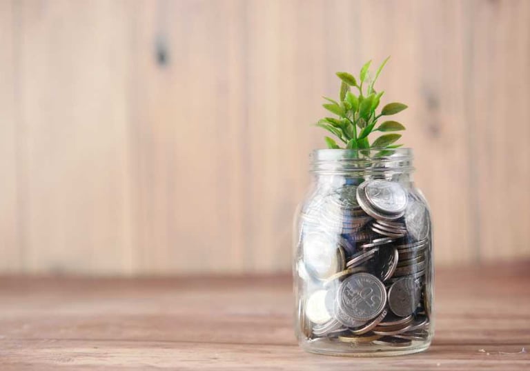 Planta que crece de un frasco lleno de monedas de plata, simbolizando el crecimiento financiero
