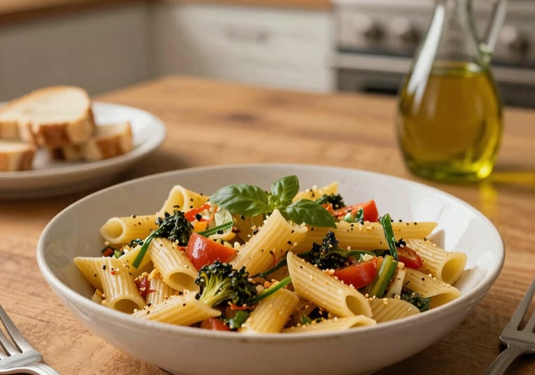 Plato de pasta mediterránea casera con verduras y aceite de oliva, comida económica y nutritiva