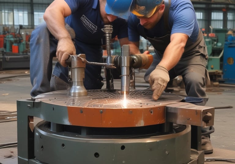 Close-up of a metal lathe machine working on a metal piece in a workshop.