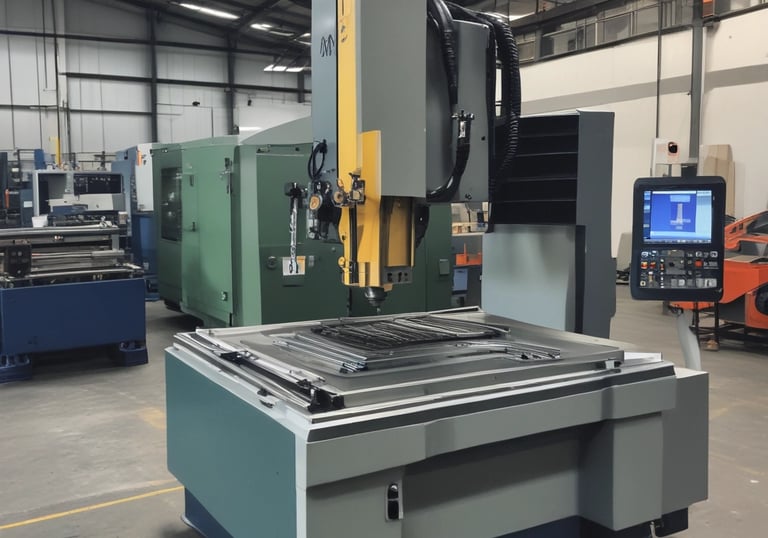 Worker wearing safety gear inspecting metal parts in a factory setting.