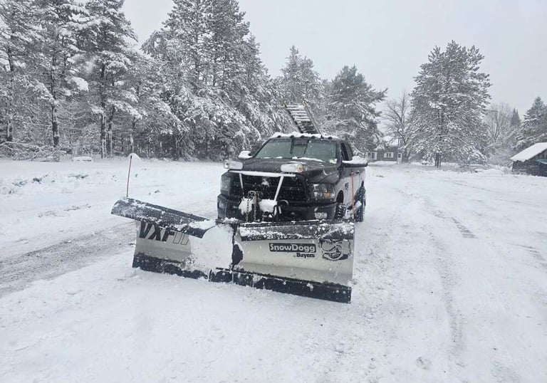 Black pickup truck with a SnowDogg VXF snow plow clearing a snow-covered road near pine trees.