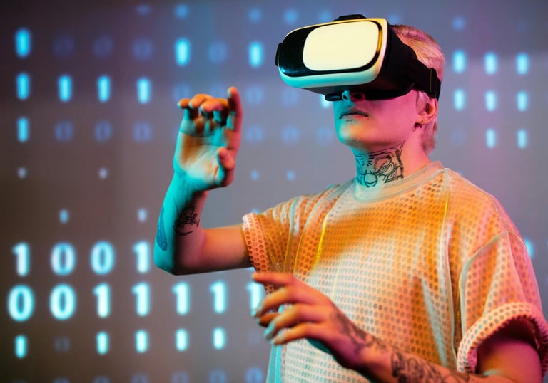 Une personne tatouée, portant un casque de VR, interagit avec un affichage en code binaire