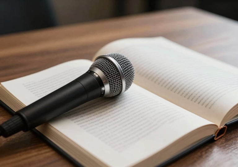A refined composition featuring a microphone and an open book on a wooden table, suggesting a radio studio dedicated to spiritual content.