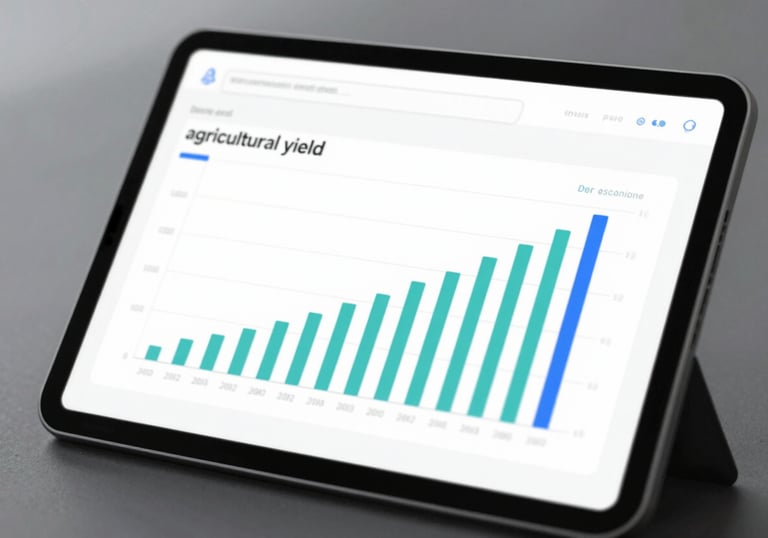 Data visualization on a tablet screen showing agricultural yield growth alongside solar energy production graphs. Clean, high-tech aesthetic.