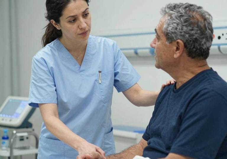 A compassionate caregiver assisting an elderly patient at home.
