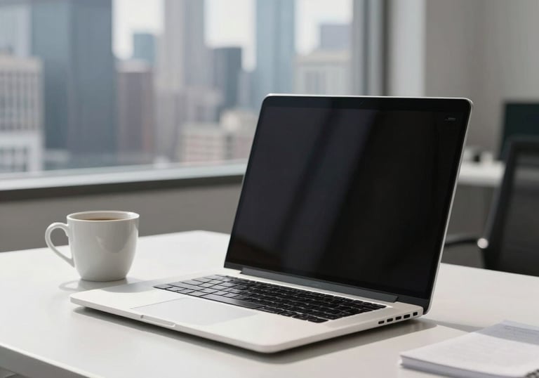 A bright, minimalist executive office workspace with a high-end laptop, a white ceramic coffee cup, and a blurred view of a US city skyline.