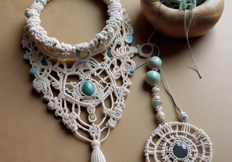 Handmade white macrame statement necklace and pendant with turquoise beads on a tan background.