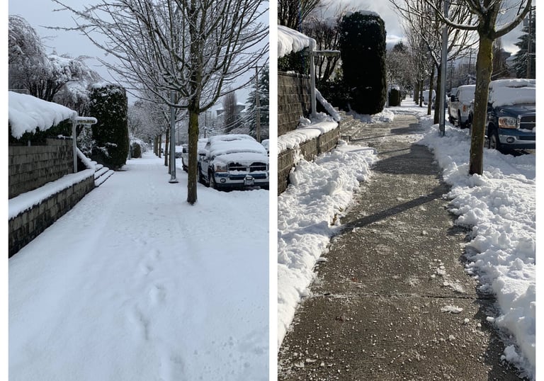 Before and after of a sidewalk that was cleared from snow.