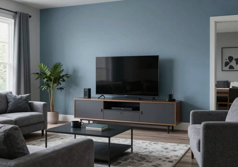 A wide shot of a contemporary open-plan living room in a North American home featuring a large TV setup, soft blue and grey tones.
