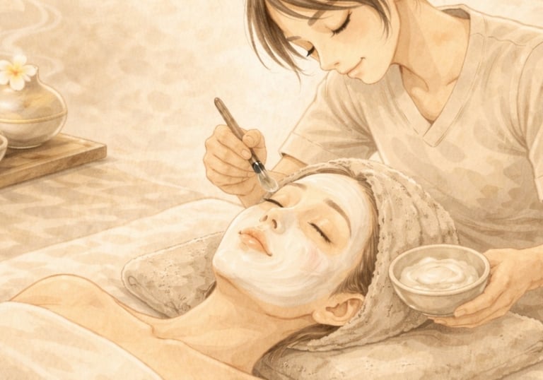 Tratamiento facial relajante en spa oriental con terapeuta y aceites.