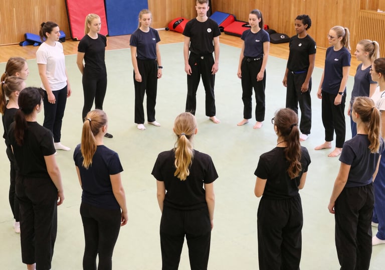 Group of adults training Krav Maga in a bright, modern gym setting in Austria.