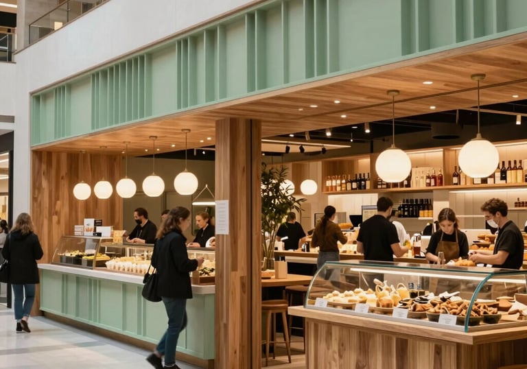An interior shot of a modern gastronomic market in Spain with clean architectural lines, warm wood finishes, and sage green decorative elements, bustling yet elegant.