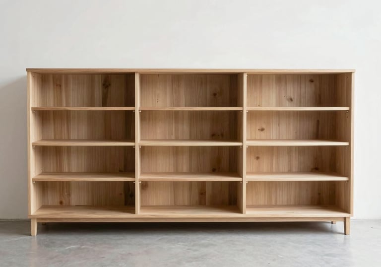 A wide shot of a perfectly assembled modern furniture unit in a minimalist French interior, emphasizing clean lines and expert craftsmanship, bright lighting.