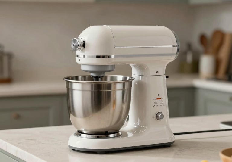 A high-end kitchen mixer and blender sitting on an off-white counter, looking pristine and newly restored.