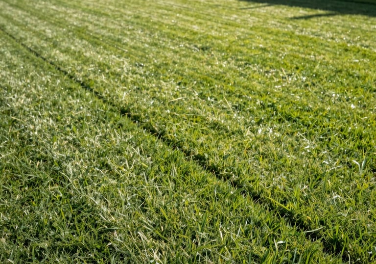 A vibrant, manicured lawn in a North American / US residential area, showing clean mowing lines and healthy pale green grass under morning sunlight.
