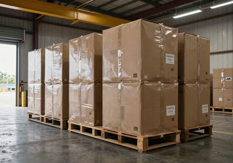 Wide-angle shot of professional industrial packaging ready for shipment on a clean North American loading dock.